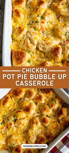 chicken pot pie bubble up casserole in a white dish