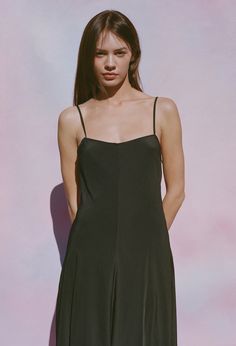 Ciao Lucia | Cristina Dress Matte Black Chic Viscose Slip Dress For Date Night, Solid Color Satin Midi Dress With Spaghetti Straps, Summer A-line Bias Cut Slip Dress, Sleek Summer Maxi Dress With Bias Cut, Viscose Spaghetti Straps Slip Dress For Party, Satin Dress With Straight Neckline For Summer, Night Out Midi Slip Dress With Built-in Bra, Chic Midi-length Slip Dress With Built-in Bra, Solid Satin Slip Dress, Midi Length