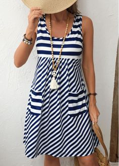 Color:Navy;Size:S;Size:M;Size:L;Size:XL;Size:XXL;Package Contents:1 X Dress;Occasion:Other;Style:Casual; Sleeveless Geometric Pattern Summer Dresses, Sleeveless Summer Dress With Geometric Pattern, Simple Sleeveless Dress, Striped Shift Dress, Striped Sleeveless Dress, Dresses Elegant, Short Dresses Casual, Look Chic, Coat Dress