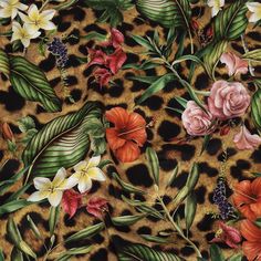 When a cheetah print comes decorated in florals, what's not to love? This Ravello Floral and Fauna Mercerized Organic Egyptian Cotton Shirting features realistic depictions of flowers displayed in hues of pink, yellow, white, red-orange, and dark purple as well as luscious green leaves, all of which decorate a "furry" cheetah-printed backdrop. Aside from the allure driven by its detailed print, mercerized cotton fabrics—such as the one displayed here—are a far throw from your basic cotton fabric Floral And Fauna, Mood Designer Fabrics, Mood Fabrics, Modern Floral, Hibiscus Flowers, Cotton Voile, Egyptian Cotton, Fashion Books, Pantone Color