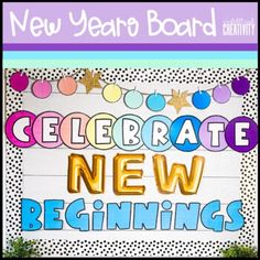 the new year board is decorated with balloons and confetti to celebrate new beginnings