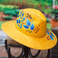 Artisan Hand Painted Fedora For Kentucky Derby, Artisan Hand-painted Fedora For Kentucky Derby, Hat Burning, Blue Foliage, Brown Accessories, Painted Hats, Poncho Shawl, Caribbean Blue, Paint Projects