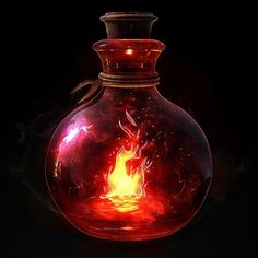 a glass bottle with fire inside on a black background