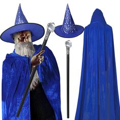 an old wizard with a blue cape and hat