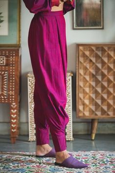 Ruby pink pants with a pleated hem. - Aza Fashions Pink Fitted Traditional Pants, Traditional Pink Straight Pants, Traditional Fitted Pink Bottoms, Pink Fitted Traditional Bottoms, Fitted Traditional Pink Bottoms, Draped Pants, Drape Pants, Pant Women, Women Pants