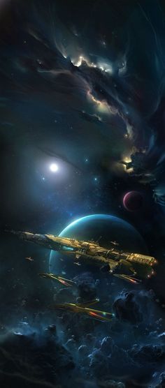 an artist's rendering of a space station in the sky with planets and stars