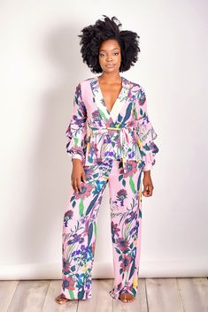 Matchy Matchy. You'll love matching in this gorgeous two piece set with a gorgeous pastel color in a fun floral print. The long sleeve top is kimono style with a self-tie belt and gathering at the sleeves. The wide-leg, high waisted pants are a perfect finish to a perfect 'fit CONTENT & CARE Hand wash with cold water Polyester DEETS & FIT Model is wearing a size Medium Fabric has a little stretch Model profile: Grace is 5'8.5" and measures 34 (bust) 27 (waist) and 42 (hips) Model Profile, Business Professional Outfits, Trendy Suits, Kimono Maxi Dress, Floral Two Piece, Model Profiles, Dress Appropriately, Kimono Style, Brunch Outfit