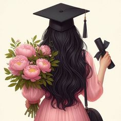 a painting of a woman with long hair holding flowers and a graduation cap on her head