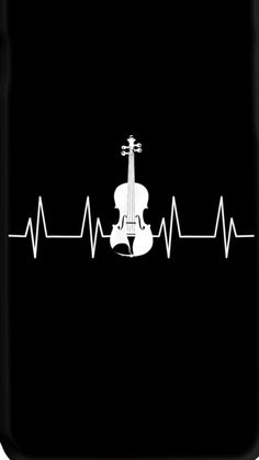 a violin on a black background with white lines in the shape of a heart and heartbeat