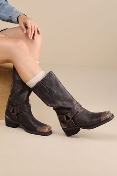 Give any of your 'fits an exceptionally edgy upgrade with the addition of the Steve Madden Rhoda Brown Distressed Leather Mid-Calf Moto Boots! These too-cool boots have a smooth, distressed genuine leather construction that shapes a chic square-toe upper and a 11"" mid-calf shaft with a 14.5"" circumference and pull tabs at either side of the collar. Classic, matching O-rings at the outstep and instep complete the moto-inspired look! 2" block heel. Lightly cushioned insole. Nonskid rubber sole. Genuine Leather Upper. Man Made Materials. Imported. Lulus | Rhoda Brown Distressed Leather Mid-Calf Moto High Heel Boots | Size 7.5.