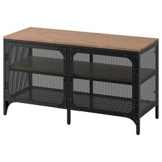 a black metal and wood sideboard with two shelves on each side, one shelf is open