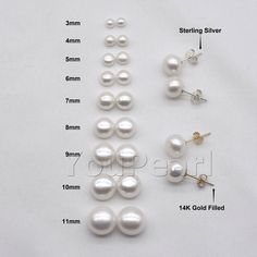 Type:Genuine Freshwater Pearls Stud Earrings  AA+ Pearl color:Natural white Pearl size:3mm 4mm 5mm 6mm 7mm 8mm 9mm 10mm 11mm Pearl shape:Button Pearl luster:Very high  Pearl blemish:95% free Metal:Solid 925 Sterling Silver (925 stamped) or  14K gold filled (1/20 14K stamped) Please Note: Due to the variance of the natural pearls, size measurement is approximate, and color may vary a little. The price is for a pair of earring studs. Gold Rings Fashion, Classic Earrings, Pearl Stud Earrings, Pearl Color, Pearl Size, Natural Pearls, Cultured Pearls, Jewelry Earrings Studs, Solid 925 Sterling Silver