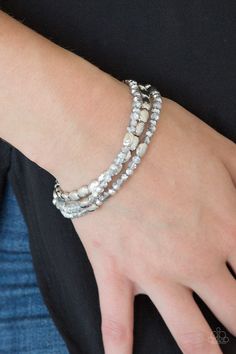 Infused with hints of silver, dainty smoky and metallic crystal-like beads are threaded along stretchy bands, creating whimsical layers across the wrist.

 Sold as one set of three bracelets. Paparazzi Jewelry Images, Paparazzi Accessories Jewelry, Jewelry Bracelets Silver, Paparazzi Accessories, Blue Gems, Stretchy Bracelets, Chic Jewelry, Hello Beautiful, Paparazzi Jewelry