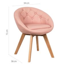 a pink chair with wooden legs and buttons