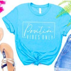 Positive Vibes Only Graphic Tshirt. This Is A Unisex Style But It Is Pretty True To Size And Is Soft! You Will Love The Feel And Fitting Of This Shirt. 100% Preshrunk Cotton. Brand New, Never Worn. Trendy Blue Slogan Top, Trendy Blue Pre-shrunk T-shirt, Basic Blue Slogan Tops, Basic Blue Tops With Slogan, Trendy Blue Shirt With Text Print, Trendy Pre-shrunk Blue T-shirt, Basic Blue T-shirt With Slogan, Blue Slogan Shirt For Summer, Good Vibes Shirt