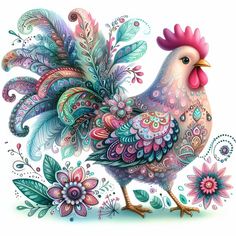 a colorful rooster with flowers and leaves on it's back