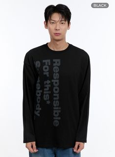 Product Detail Style : Street, Casual Occasion : Back to school Type : Men, TShirts Print : Lettering Material : Cotton Sleeve : Long sleeve Neck : Round neck Fit : Loose fit Cotton100 Color : White, Black Made in Korea Model Size Model is wearing size M/L and the color White. Height : 6'0" | 184cm / Top : L / Bottom : XL (32 inch) .prddescription table, .prddescription td, .prddescription th { border : 1px solid black; border-collapse : collapse; padding: 10px; } Size(Inch) Size Shoulder Bust S Black Long Sleeve Everyday T-shirt, Long Sleeve T-shirt With Text Print, Branded Long Sleeve Tops For Streetwear, Everyday Long Sleeve Letter Print T-shirt, Long Sleeve Slogan T-shirt, Long Sleeve T-shirt For Streetwear, Long Sleeve Branding T-shirt For Streetwear, Casual Long Sleeve T-shirt With Graphic Design, Everyday Long Sleeve Text Print T-shirt