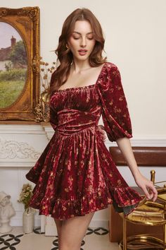 Red Velvet Puff Sleeve Dress, Velvey Dresses, Christmas Dress Coquette, Shoes That Go With Velvet Dress, Theatrical Romantic Fall Dress, Chintz Red Dress, Red Velvet Xmas Dress, Dress For Christmas Wedding Guest, Shoes For Red Velvet Dress