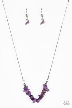 Attached to a dainty silver chain, bits of vivacious purple rock are threaded along an invisible wire below the collar for a seasonal look. Features an adjustable clasp closure. Sold as one individual necklace. Includes one pair of matching earrings. p2se-prxx-160xx RELEASED 20 MAY 20 Short Silver Necklace, Paparazzi Accessories Jewelry, Nature Purple, Purple Necklace, Natural Stones Necklace, Paparazzi Accessories, Back To Nature, Paparazzi Jewelry, Short Necklace