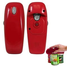 a red object is next to a hand holding a can and another item with the lid open