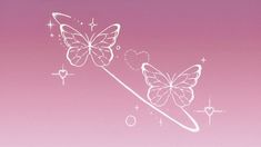 two butterflies flying in the sky with stars and bubbles around them on a pink background