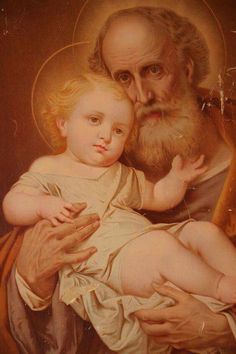 an old painting of a man holding a child with his hand on the baby's chest