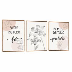 three framed art pieces with flowers and words on the wall in spanish, english and french