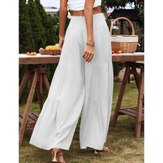 White High Waist Cotton Loose Casual Pants Casual High Waist Wide Leg Pants For Brunch, Casual Summer Wide Leg Pants For Brunch, Spring Brunch Bottoms With Pockets, Wide Leg Pants With Pockets For Brunch, Casual Wide Leg Pants With Elastic Waistband For Brunch, Wide-leg Pants With Pockets For Brunch, Casual High-waisted Wide Leg Pants For Brunch, Casual Wide-leg Pants For Brunch, Casual Long Pants For Brunch