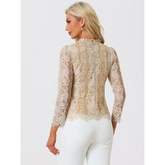 Add a bit of femininity to your look with the ruffle round-neck lace top. It features a long sleeve form, a ruffle neck, and lace fabric. It perfectly matches everyday jeans and skirts for a weekend casual look. A lace top puts a feminine spin on any day or night look with a charming feminine silhouette. Good options for parties, sweet dating, shopping, festivals, banquets, office outfits, casual wear, and daily outfits. Office Outfits Casual, Everyday Jeans, Eyelet Blouse, Lace Top Long Sleeve, Lace Long Sleeve, Feminine Silhouette, Hem Style, Neck Lace, Night Looks