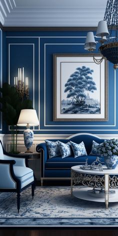 a living room with blue walls and white trimmings on the ceiling, couches and chairs are arranged around a coffee table in front of a chandelier