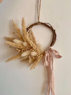 a dried plant hanging on a wall with a pink ribbon tied to it's side