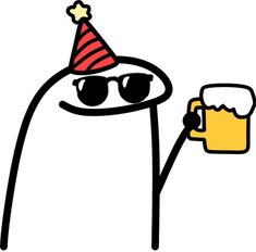 a cartoon character wearing a party hat and holding a beer