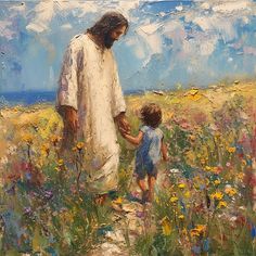 a painting of jesus holding hands with a little boy in a field full of wildflowers