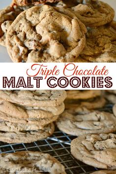 triple chocolate malt cookies stacked on top of each other with the words triple chocolate malt cookies