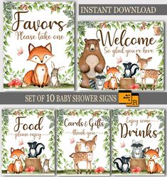 four baby shower signs with woodland animals