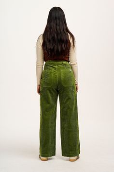 Delores Is Our High Waist Jeans With Wide Leg And Pockets With Stitching Detail. Available Here In Pesto Green! Our Fit Fixed Non-Stretch Waistband To Sit On The Waist With Fly Front And Button Closure Closer Fitting On The Hips Full Length Wide Leg Deep Hip Pockets And Back Patch Pockets The Fabric 100% Organic Cotton Corduroy - Made From Gots Certified Organic Cotton Yak Care Machine Washable We Advise Using A Laundry Bag To Protect The Cord Pile. It Will Also Prevent Creasing As Much Line Dry Colourful Trousers, Lucy Yak, Lucy And Yak, Hair Socks, Dungarees Shorts, Corduroy Trousers, Corduroy Jeans, Waist Jeans, Hat Hairstyles