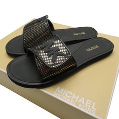 Michael Kors Women's Palmer Mirror Metallic Slide Sandal Combining A Striped Mirror-Metallic Finish With A Minimalist Silhouette, This Pair Is A Fresh Take On The Slide. Wear Them With Sporty Separates For An Effortless Off-Duty Look. Brand New With Box 100% Authentic Striped Mirror, Minimalist Silhouette, Michael Kors Shoes, Michael Kors Black, Slide Sandals, Women's Shoes Sandals, Mule Shoe, Shoes Sandals, Michael Kors