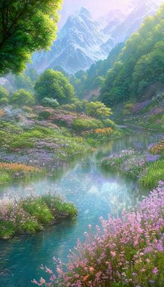 a painting of a mountain stream surrounded by wildflowers