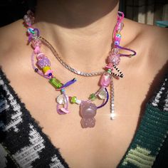 pink jade stones kitty necklace, hand made ,pink and purple,heart glass ,Y2K jewelry,fox,fresh water pearls Colorful Jewelry Aesthetic, Kitty Necklace, Pink Jade, Y2k Jewelry, Bead Charms Diy, Beaded Necklace Diy, Jewelry Making Project, Fresh Water Pearls, Funky Jewelry