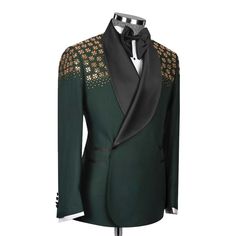 Package Includes: 1 x Jacket - 1 x Pant

Introducing the custom green tuxedo with stone embroidery, crafted from luxurious 120s fabric with a silk lining. This all-season tuxedo features a double-breasted jacket with a shawl lapel, three straight pockets, and stunning stone embroidery on the shoulders. The flat-front trousers include two back pockets and a zip closure, ensuring style and functionality. Perfect for any formal occasion, this tuxedo combines elegance and impeccable craftsmanship.

 	Fabric: 120s 
 	Lining Fabric: Silk
 	Pattern: Plain
 	Buttons: Fabric
 	Construction: Half Canvas
 	Seasonality: All Season
 	Jacket: Shawl Lapel, 3 Straight Pockets, Stone Embroidery on Shoulder, Double Breasted
 	Trouser: Flat front, 2 Back Pockets, Zip Closure Elegant Tailored Dark Green Blazer, Luxury Fitted Double Breasted Suit For Party, Dark Green Semi-formal Elegant Suit, Elegant Dark Green Semi-formal Suit, Elegant Green Tuxedo For Semi-formal Occasions, Elegant Fitted Dark Green Suits, Elegant Dark Green Notch Lapel Suits, Elegant Green Semi-formal Tuxedo, Tuxedo Style Blazer For Ceremonies