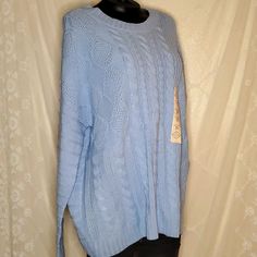 St. John's Bay Brand Light Blue, Crew Neck, Knit Sweater In Size Xl. Nwt Condition Measurements~ Garment Provides Stretch 100% Acrylic Chest: 48 Inch Waist 44 Inch Sleeves 20 Inch Length: 26 Inch (B15) Blue Knitted Sweater With Relaxed Fit, Oversized Soft Knit Blue Sweater, Blue Soft Knit Crew Neck Sweater, Oversized Blue Soft Knit Sweater, Blue Cable Knit Crew Neck Sweater, Blue Cable Knit Sweater With Crew Neck, Blue Relaxed Fit Knit Sweater, Oversized Soft Knit Blue Top, Blue Soft Knit Sweater With Relaxed Fit