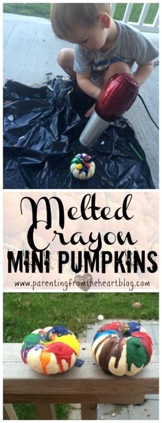 a collage of photos with the words melted dragon mini pumpkins on it and an image of a toddler playing outside