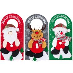 three christmas door hangers with santa claus and reindeer on them, each decorated in different colors