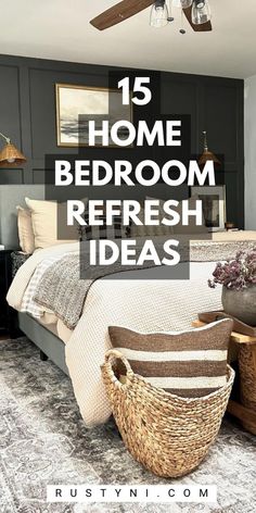 a bed room with a ceiling fan and some baskets on the floor in front of it