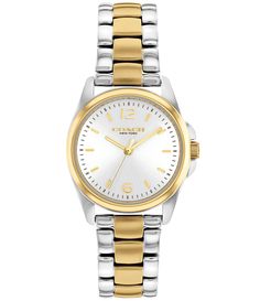 From COACH, the Women's Greyson Two Tone Bracelet Watch features: Gold-tone and stainless steel case and braceletDeployment closureMineral crystalQuartz movementFinished with a Coach Signature date window and marker at 3 o'clockMix of numerical and stick markersCase diameter approx. 28mmWater-resistant up to 99 feetImported. Gold And Silver Watches Women, Two Tone Watches Women, Coach Watches Women, Two Toned Watch, Accessories Watches Women, Two Tone Bracelet, Coach Watch, Coach Jewelry, Ootd Inspo