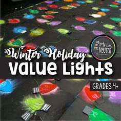 the words winter holiday value lights are displayed in front of a black background with colorful circles