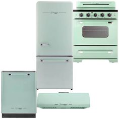 three different types of stoves and ovens in mint green, white or black