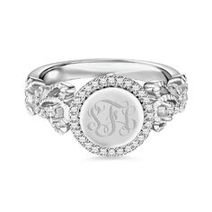 Engraved Sterling Silver Crown Monogram Ring Personalized Silver Diamond Signet Ring, Silver Diamond Engraved Signet Ring, Silver Initial Ring Fine Jewelry, Silver Initial Ring With Round Band, Fine Jewelry, Personalized White Gold Initial Ring With Round Cut, Personalized White Gold Initial Ring, Silver Initial Ring In Fine Jewelry Style, Silver Round Band Initial Ring In Fine Jewelry Style, Diamond Rings With Engraving Option