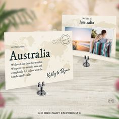 two postcards with the words australia on them