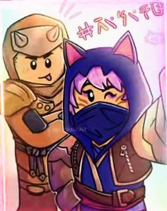 an image of two people in anime style outfits and one has a cat on his shoulder